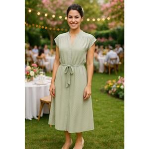 Monteau Sage Green/ White Polka Dot Elastic Waist w/Waist Tie Dress, Size Lg